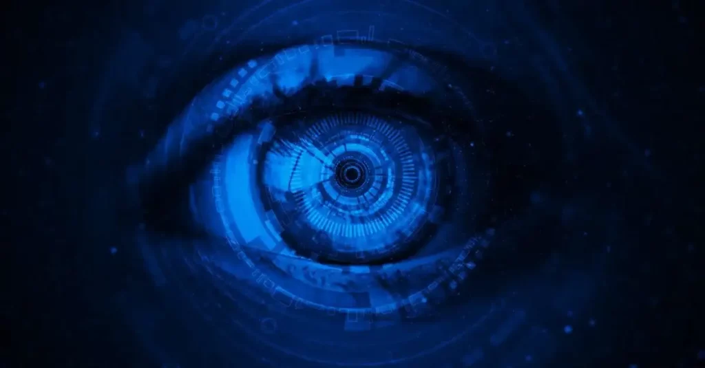 A digital eye in blue tones with binary patterns, symbolizing the three-tiered defense model in organisational risk management.