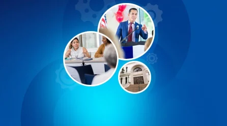 Professionals engaged in municipal project management with software, depicting a government speaker, an office meeting, and city hall architecture.