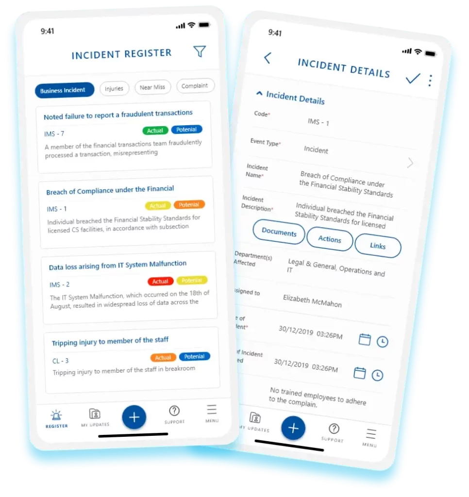 HSE software mobile interface showing incident register and details