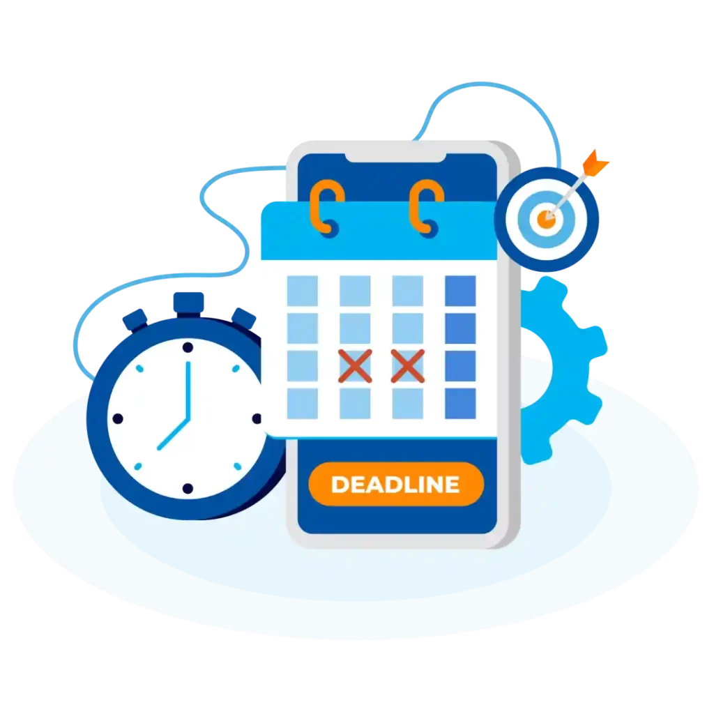 Illustration representing PPM software, featuring a calendar with deadlines, a clock, a target with an arrow, and a gear.